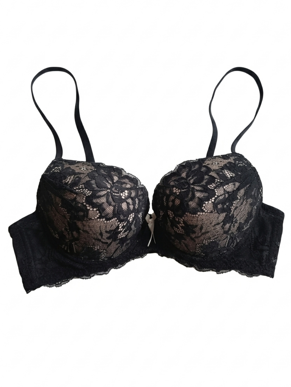 Black Lace Push Up Convertible Bra With Pink Bow And Nude Lining